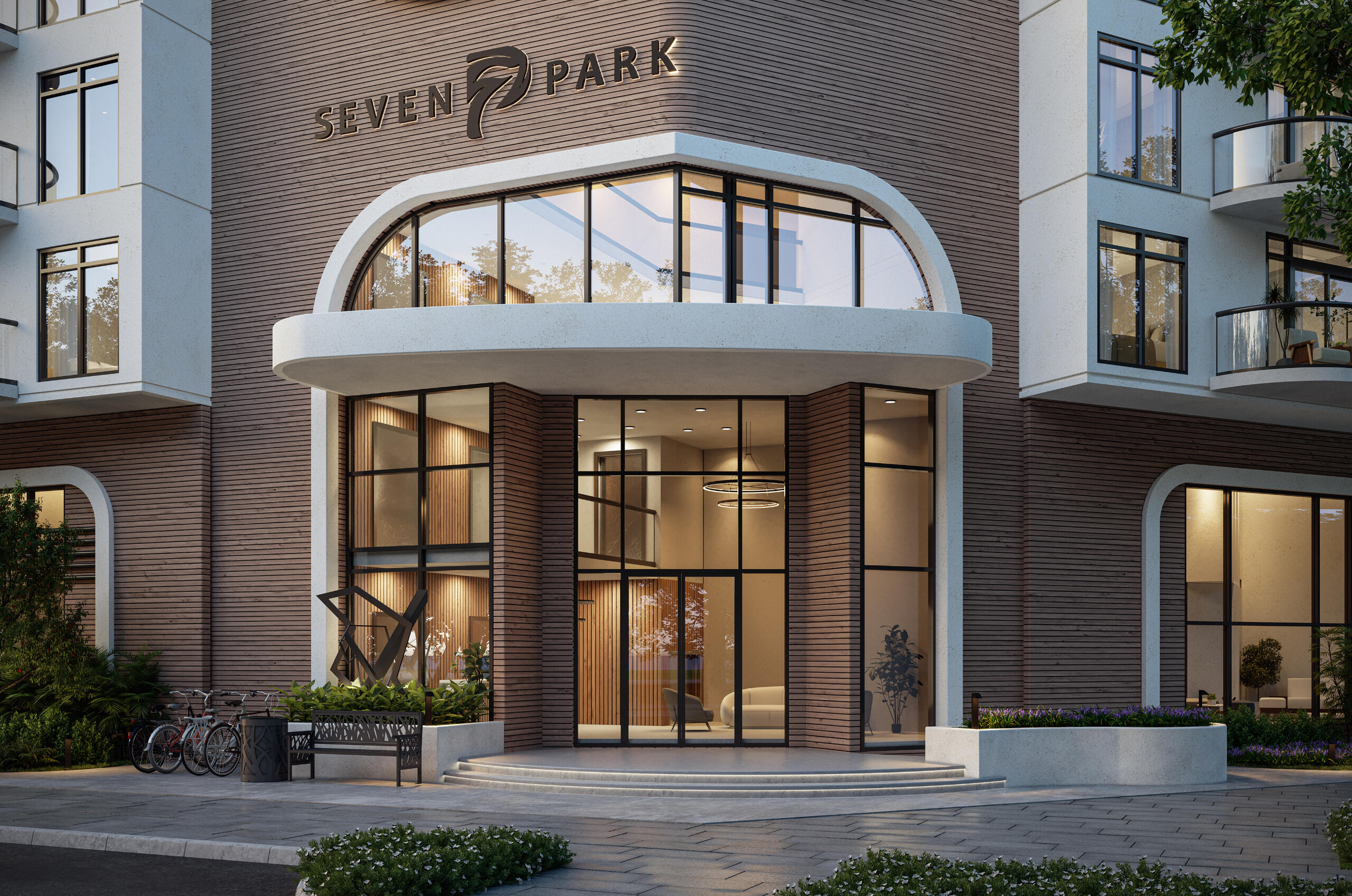 Seven Park Residences – Diseño Arquitectónico Moderno en Hallandale Fachada contemporánea de Seven Park Residences en Hallandale-Hollywood, con líneas elegantes y un estilo residencial de lujo.